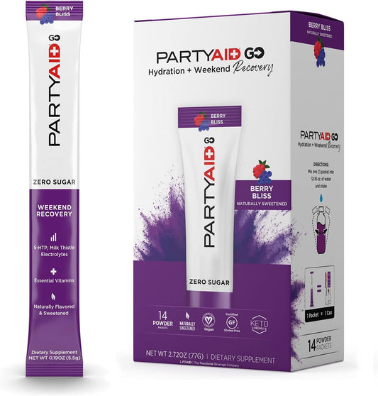LIFEAID PARTYAID GO! - Hangover Prevention Drink with 5-HTP, B-Complex, Milk Thistle, Electrolytes - Zero Sugar, 14 Count Pack