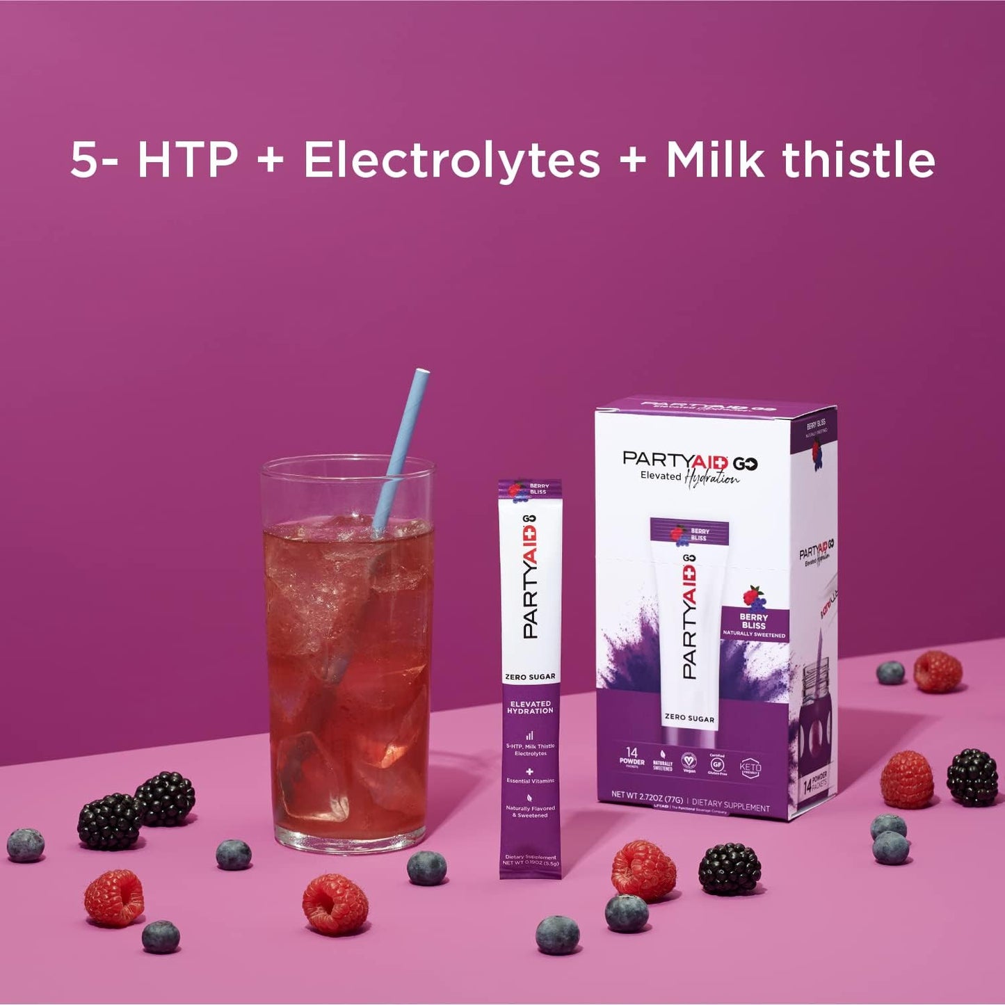 LIFEAID PARTYAID GO! - Hangover Prevention Drink with 5-HTP, B-Complex, Milk Thistle, Electrolytes - Zero Sugar, 14 Count Pack