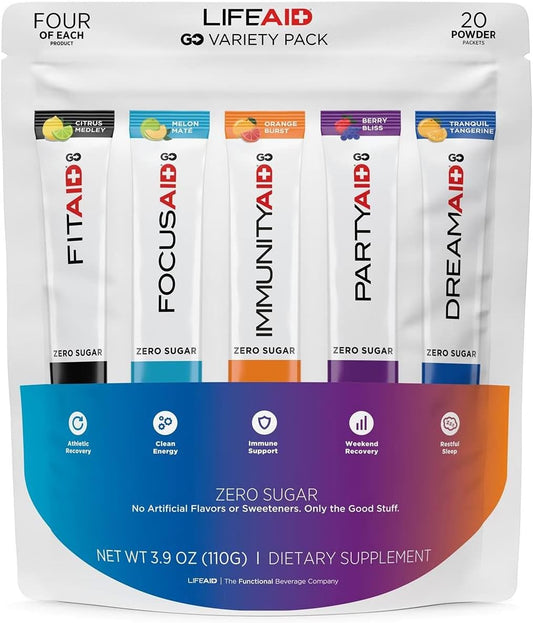 LIFEAID Rainbow Variety Pack: Zero Sugar Post-Workout Recovery with Nootropics, Immune Boost, and Sleep Aid - 20 Count Travel Size, No Artificial Ingredients