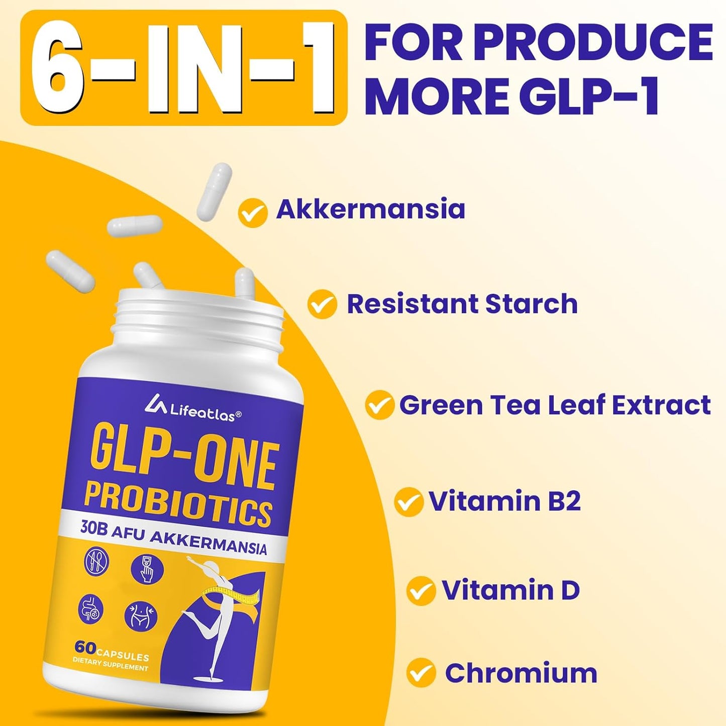 Lifeatlas GLP-1 Probiotic Supplement with 300 Billion AFU Akkermansia - Natural Support for GLP-1 Levels in Women and Men - 300 Capsules