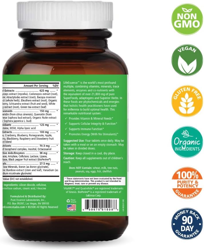 LifeEssence Multivitamin for Women and Men - Herbal Supplement with Vitamin D, B12, Biotin - Whole Foods Formula (240 Tablets)