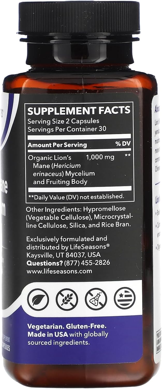 LifeSeasons Lion's Mane Mushroom Capsules - Boost Brain Function, Emotional Balance, & Mood - 1000mg - 60 Count