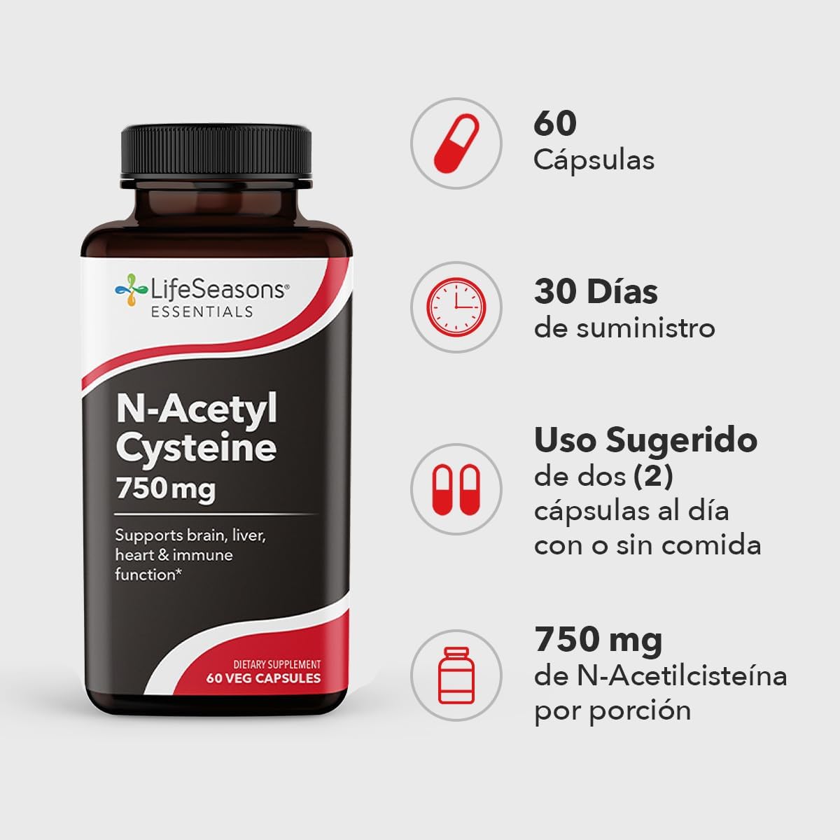 LifeSeasons N-Acetyl Cysteine (NAC) Capsules - Supports Brain, Liver, Heart, Immune Function - Detox & Immunity Boost - 60 ct.