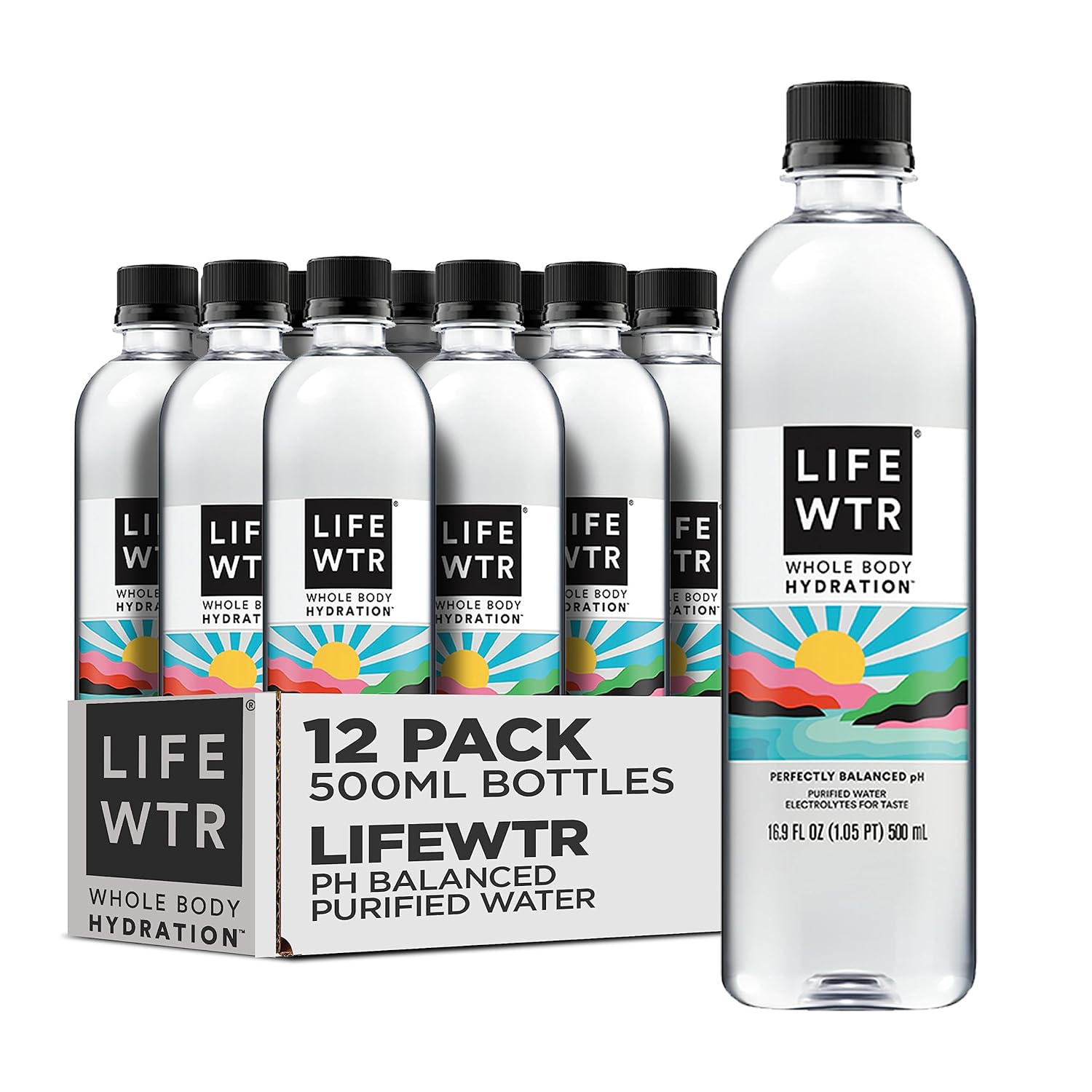 LIFEWTR Premium Purified Water with Electrolytes, pH Balanced, 100% Recycled Plastic, 16.9 Fl Oz (500ml) Bottles - Pack of 12