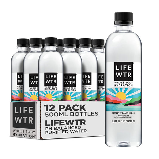 LIFEWTR Premium Purified Water with Electrolytes, pH Balanced, 100% Recycled Plastic, 16.9 Fl Oz (500ml) Bottles - Pack of 12