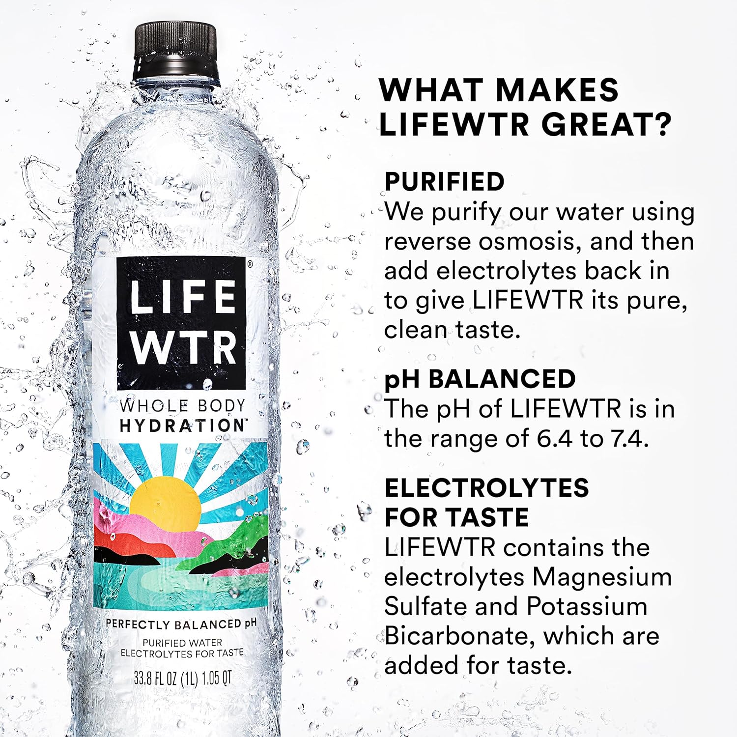 LIFEWTR Premium Purified Water with Electrolytes, pH Balanced, 100% Recycled Plastic, 16.9 Fl Oz (500ml) Bottles - Pack of 12