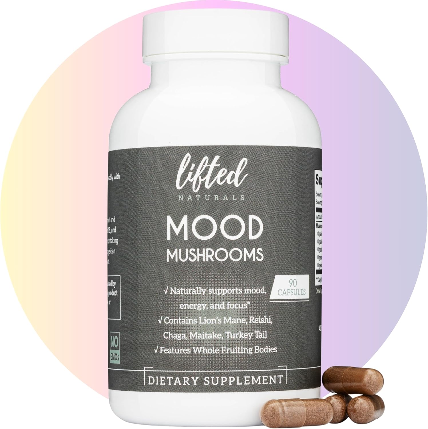 Lifted Naturals Mood Mushrooms Supplement - Lion's Mane, Reishi, Chaga, Turkey Tail, Maitake - Energy, Focus, Stress Relief