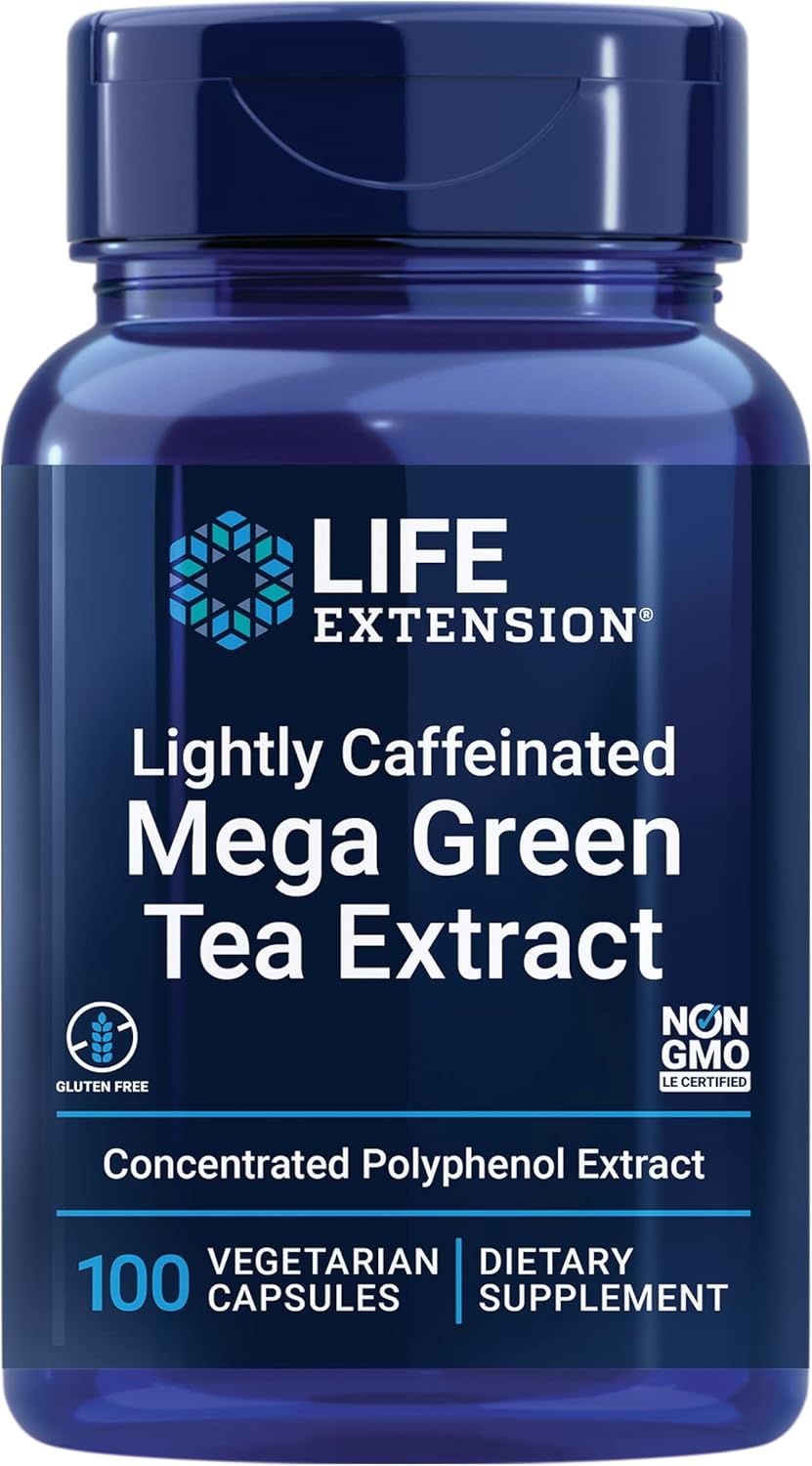 Lightly Caffeinated Mega Green Tea Extract Capsules - High EGCG Polyphenol Content, Gluten-Free, Non-GMO, Vegetarian - 100 Count