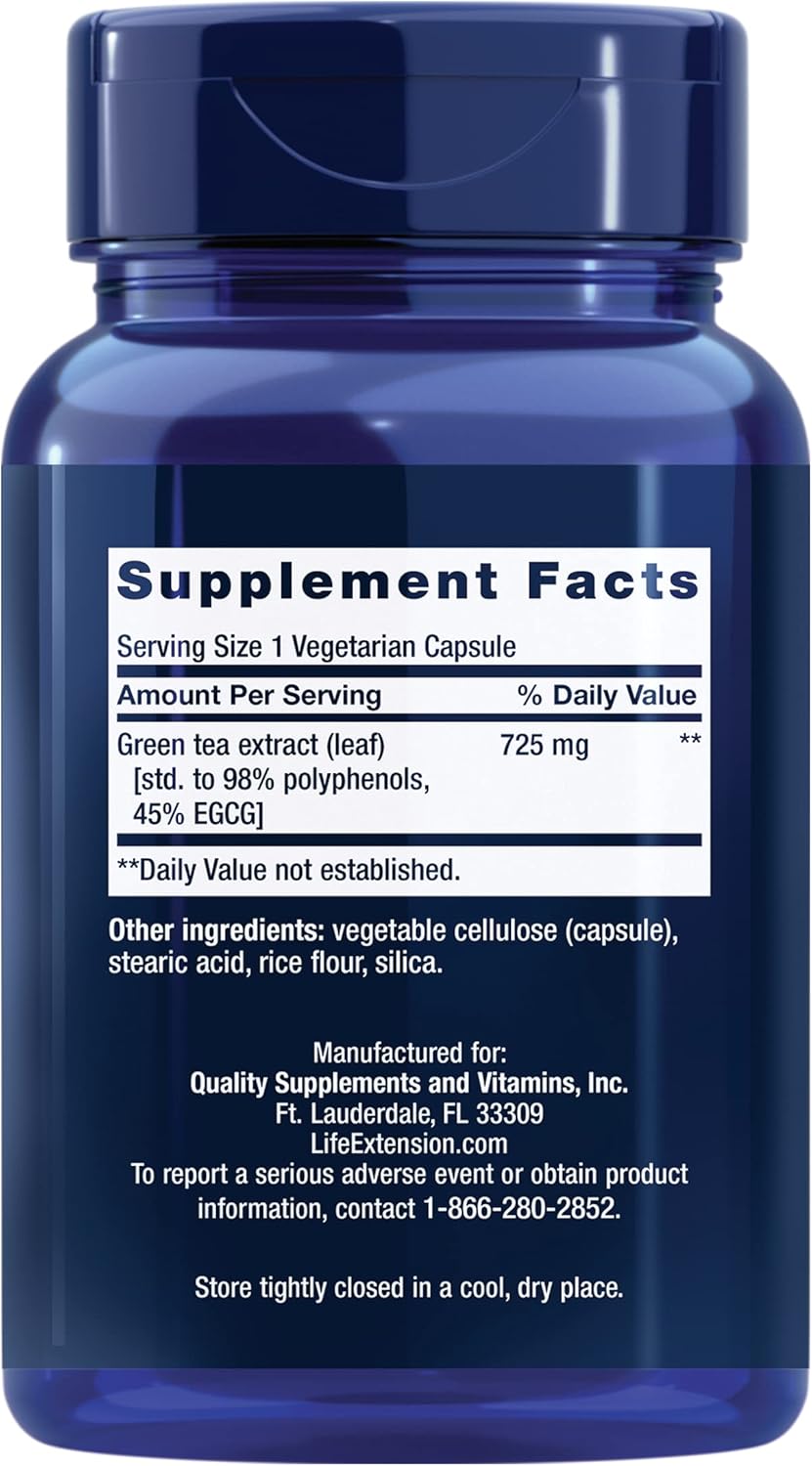Lightly Caffeinated Mega Green Tea Extract Capsules - High EGCG Polyphenol Content, Gluten-Free, Non-GMO, Vegetarian - 100 Count