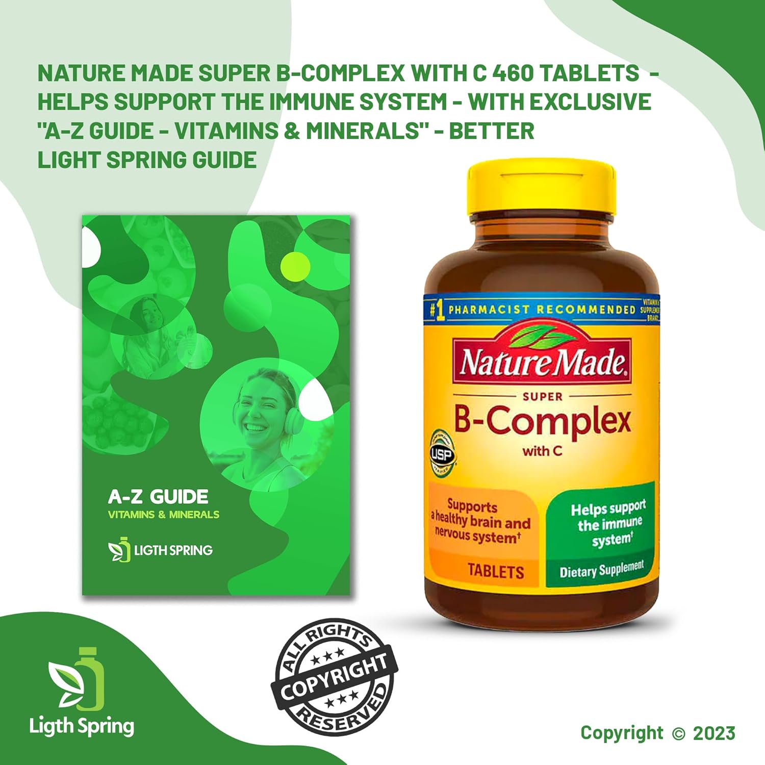 LightSpring Super B-Complex with Vitamin C, 460 Tablets - Complete A to Z Multivitamin & Mineral Supplement (2 Pack)