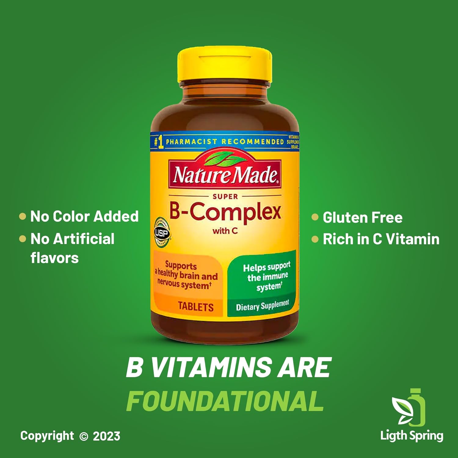 LightSpring Super B-Complex with Vitamin C, 460 Tablets - Complete A to Z Multivitamin & Mineral Supplement (2 Pack)