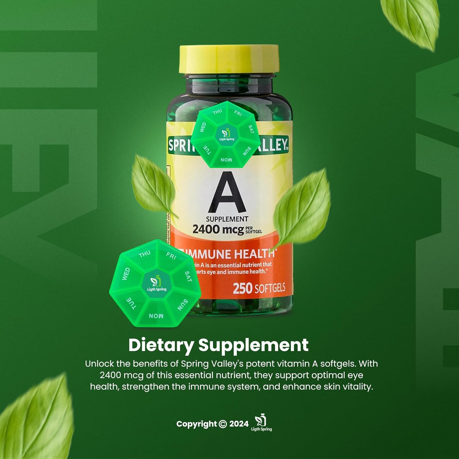 LightSpring Vitamin A Supplement 2400 mcg Softgels Bundle with Exclusive Vitamins & Minerals + Weekly Pill Organizer