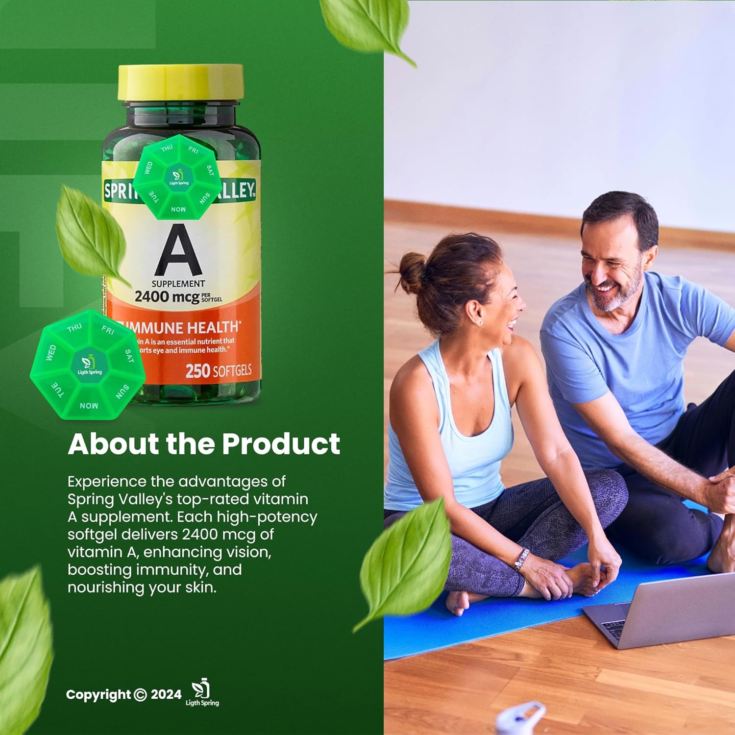 LightSpring Vitamin A Supplement 2400 mcg Softgels Bundle with Exclusive Vitamins & Minerals + Weekly Pill Organizer