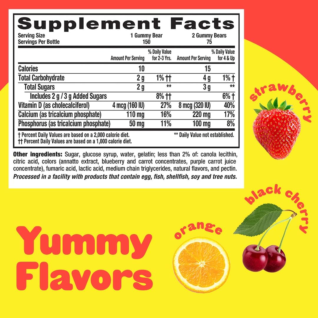 Lil Critters Calcium + D3 Daily Gummy Supplement for Kids - Bone Support - Orange, Strawberry, Cherry - 150 Gummies