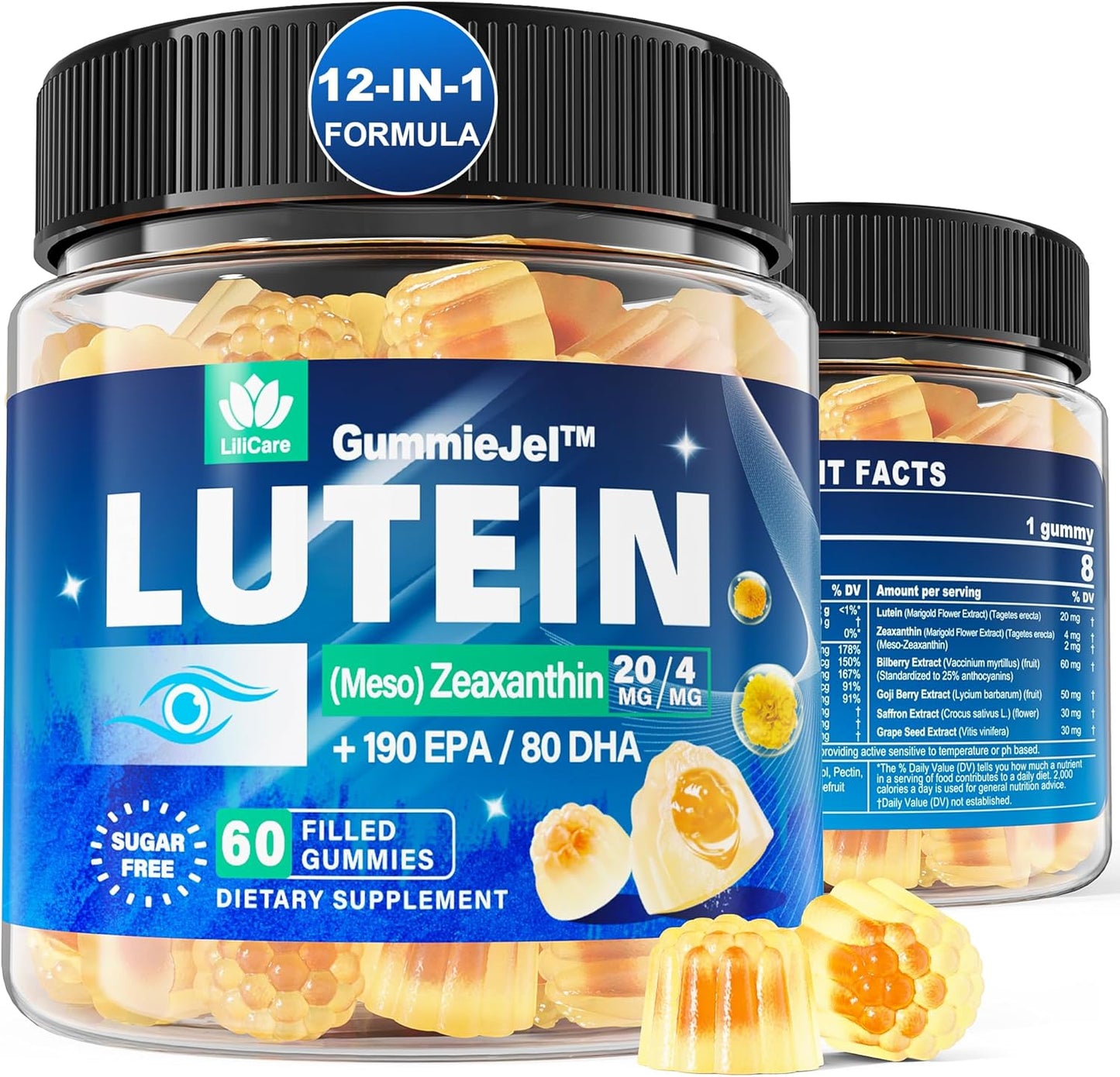 LILICARE Sugar Free Lutein and Zeaxanthin Gummies with Omega 3 for Eye Health - Vegan Eye Vitamins with Bilberry, Goji Berry & Saffron - 60Cts