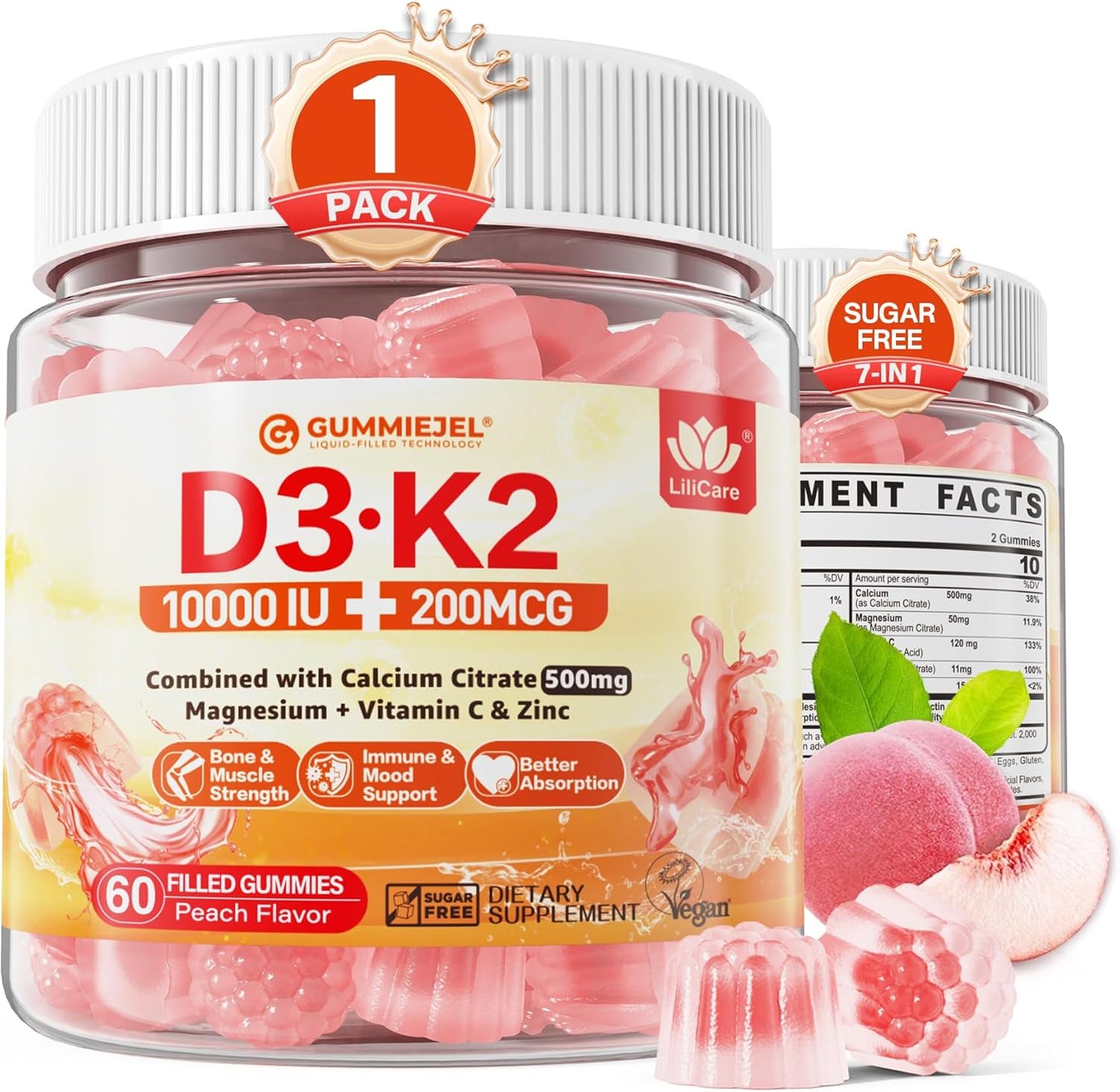LILICARE Vegan Sugar-Free Vitamin D3 K2 Gummies with Calcium, Magnesium, and Vitamin C for Bone and Immune Support