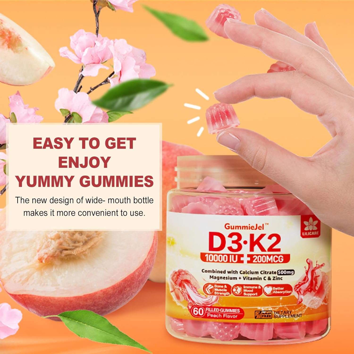 LILICARE Vegan Sugar-Free Vitamin D3 K2 Gummies with Calcium, Magnesium, and Vitamin C for Bone and Immune Support