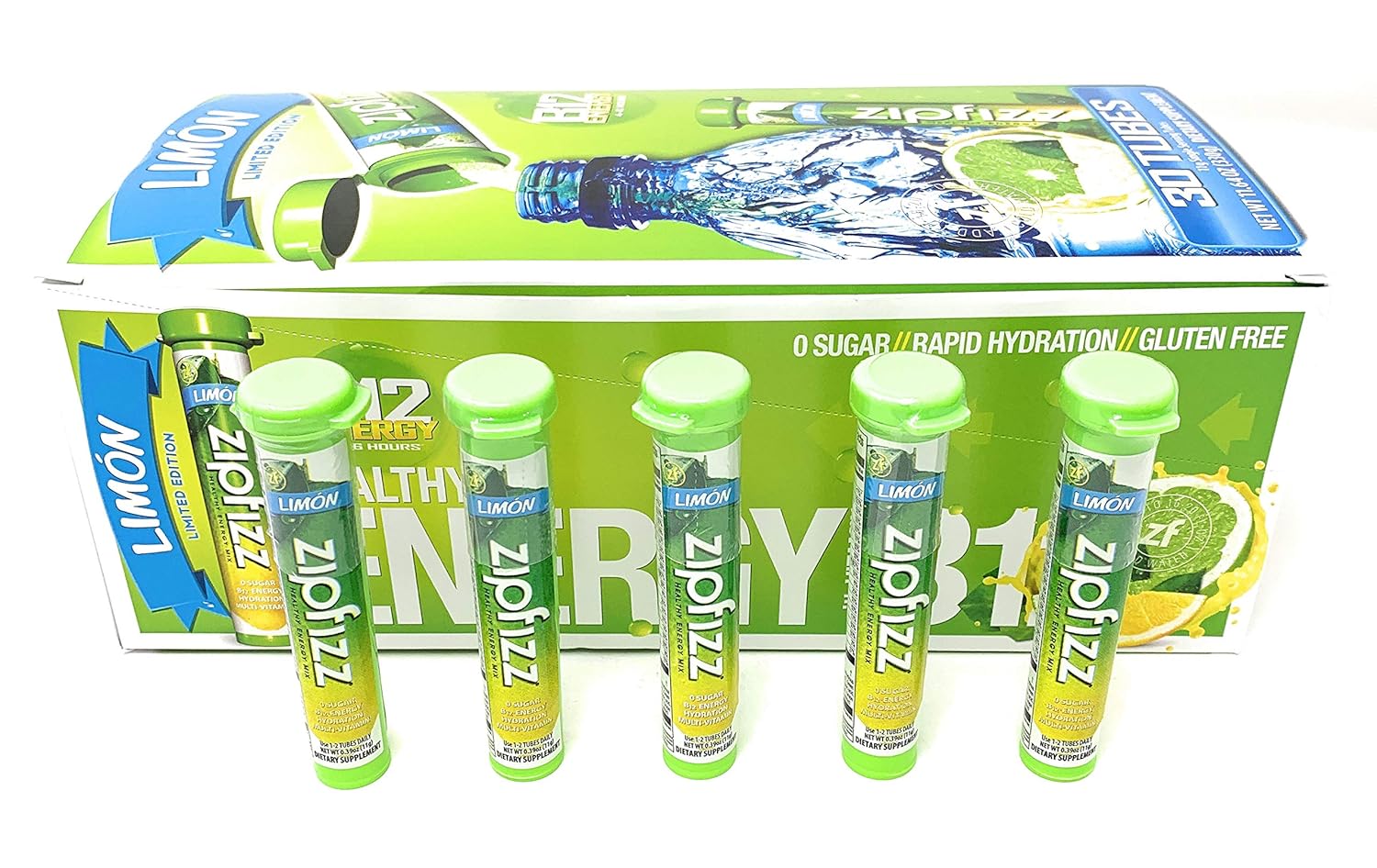 Limited Edition Zipfizz B12 Energy Dietary Supplement - 30 Tubes, Limon Flavor - 11.64 Ounce