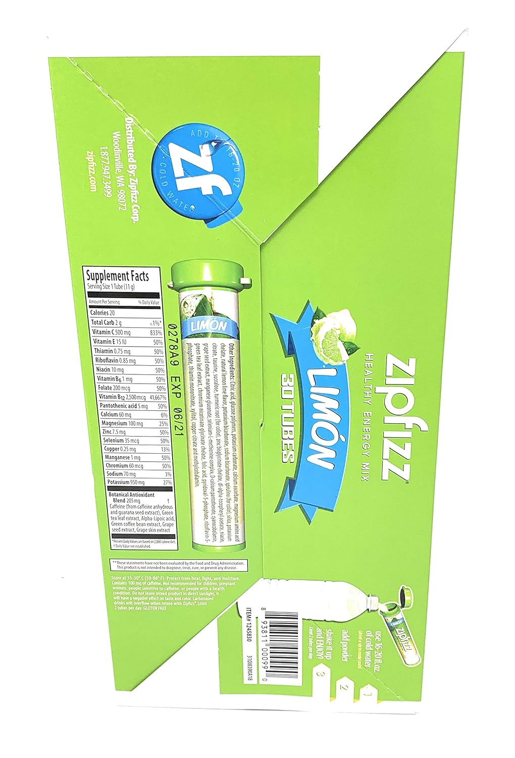 Limited Edition Zipfizz B12 Energy Dietary Supplement - 30 Tubes, Limon Flavor - 11.64 Ounce