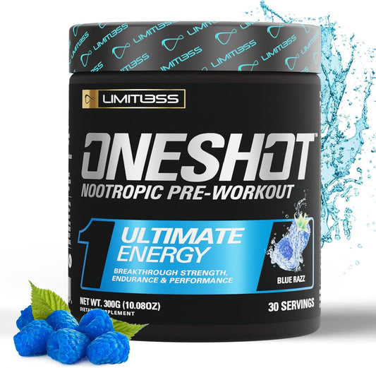 LIMITLESS X ONESHOT Blue Razz Pre Workout Powder - BCAAs Amino Acids Supplement with 200mg Caffeine, Beta Alanine, Citrulline Malate - 30 Servings for Men and Women