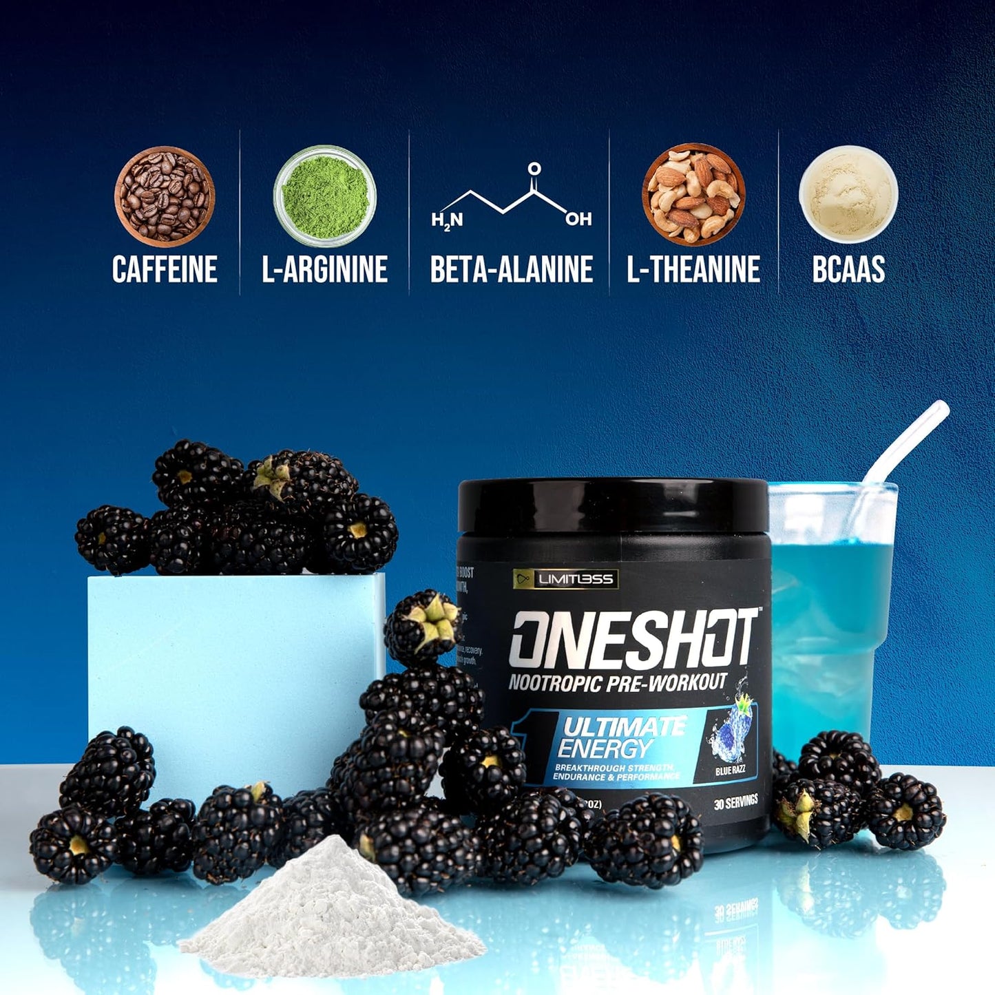 LIMITLESS X ONESHOT Blue Razz Pre Workout Powder - BCAAs Amino Acids Supplement with 200mg Caffeine, Beta Alanine, Citrulline Malate - 30 Servings for Men and Women