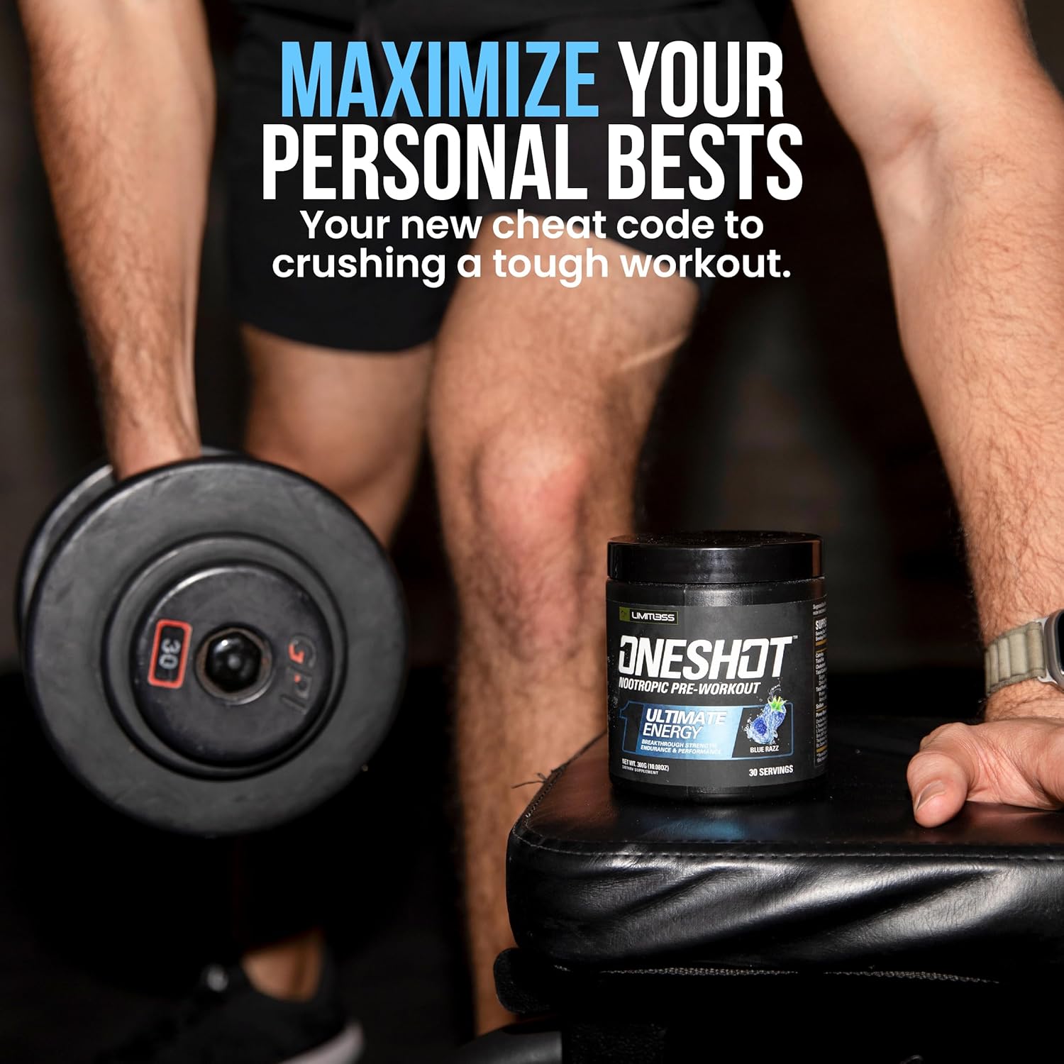 LIMITLESS X ONESHOT Blue Razz Pre Workout Powder - BCAAs Amino Acids Supplement with 200mg Caffeine, Beta Alanine, Citrulline Malate - 30 Servings for Men and Women