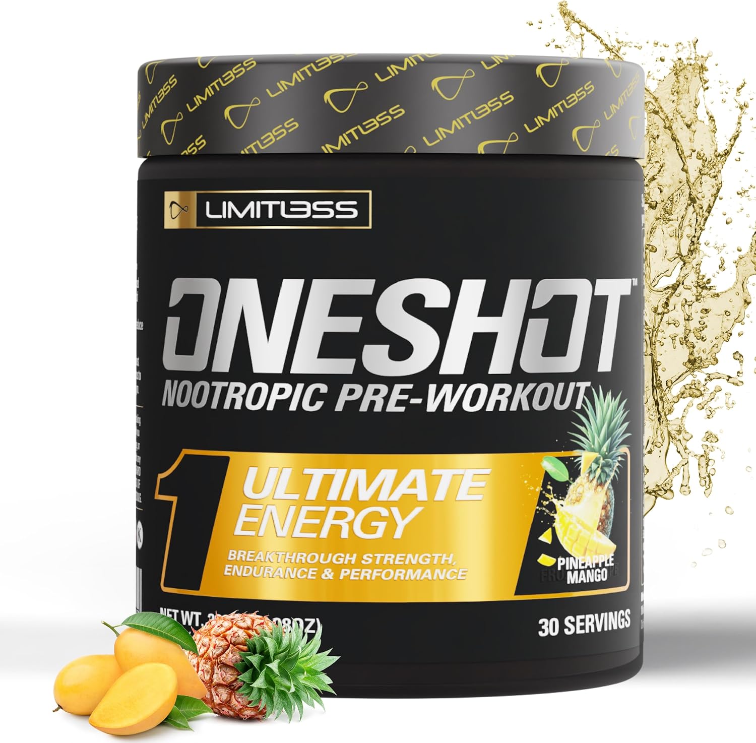 LIMITLESS X ONESHOT Pre Workout Powder - BCAAs Amino Acids Supplement with 200mg Caffeine, Beta Alanine, and Citrulline Malate - Pineapple Mango Flavor - 30 Servings for Men and Women