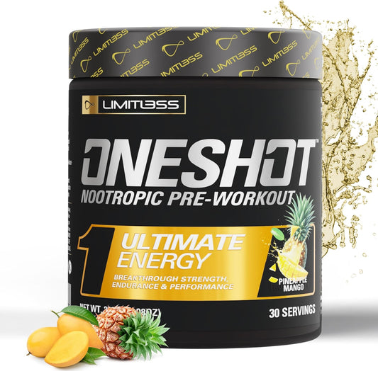 LIMITLESS X ONESHOT Pre Workout Powder - BCAAs Amino Acids Supplement with 200mg Caffeine, Beta Alanine, and Citrulline Malate - Pineapple Mango Flavor - 30 Servings for Men and Women