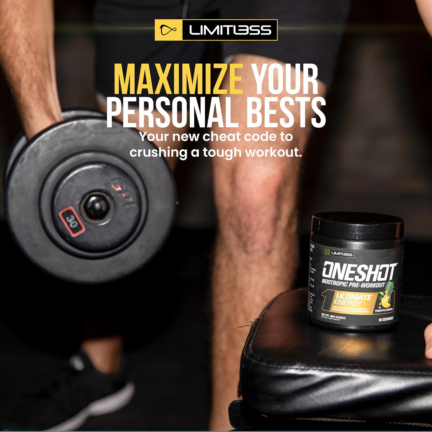 LIMITLESS X ONESHOT Pre Workout Powder - BCAAs Amino Acids Supplement with 200mg Caffeine, Beta Alanine, and Citrulline Malate - Pineapple Mango Flavor - 30 Servings for Men and Women