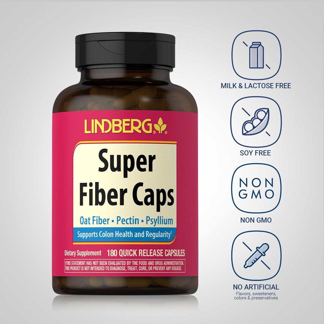 Lindberg Super Fiber Capsules - Oat, Pectin, Psyllium | Non-GMO & Gluten Free | 180 Count