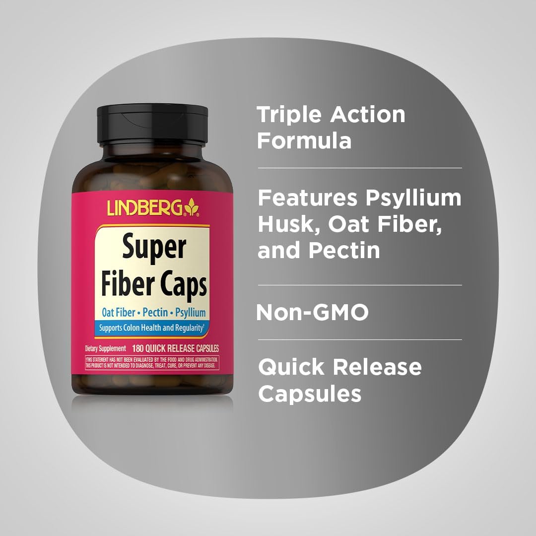 Lindberg Super Fiber Capsules - Oat, Pectin, Psyllium | Non-GMO & Gluten Free | 180 Count