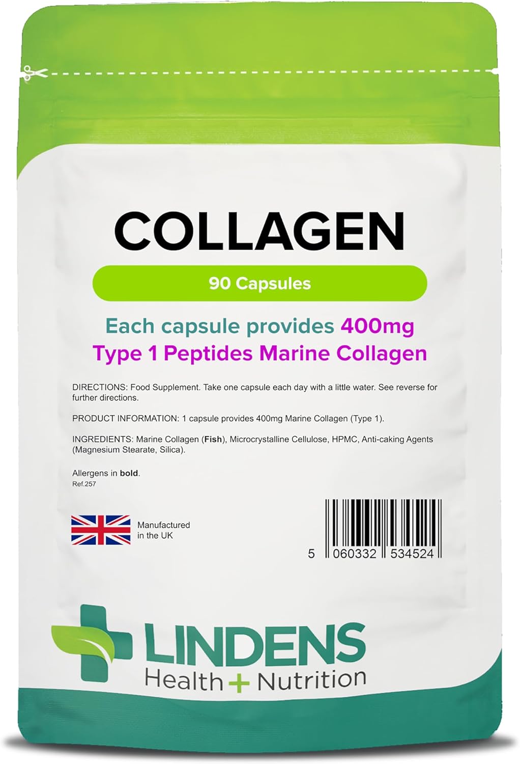 Lindens Marine Collagen Capsules - 90 Count, Hydrolyzed Collagen Peptides for Skin, Hair, and Joint Health