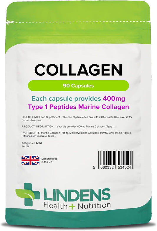 Lindens Marine Collagen Capsules - 90 Count, Hydrolyzed Collagen Peptides for Skin, Hair, and Joint Health