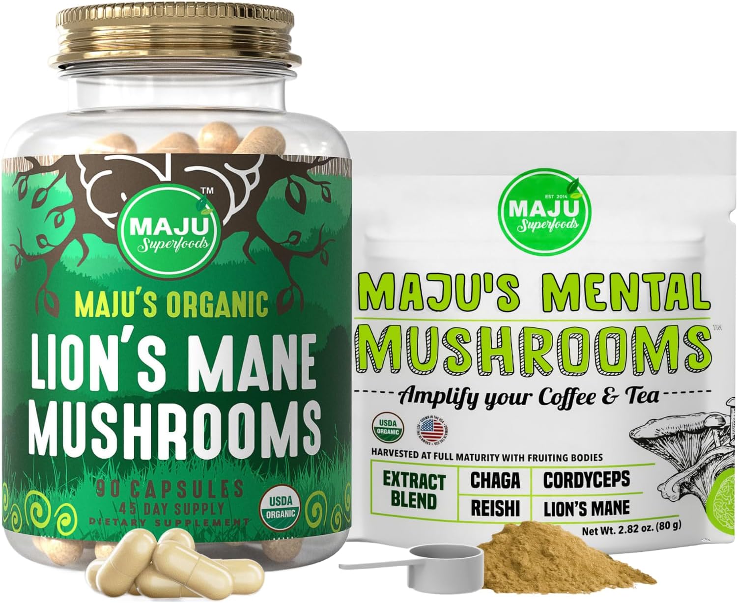 Lion's Mane Capsules and Mental Mushrooms Powder Bundle by Maju Superfoods