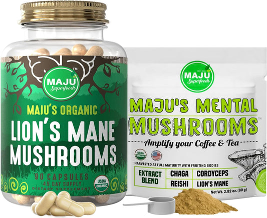 Lion's Mane Capsules and Mental Mushrooms Powder Bundle by Maju Superfoods