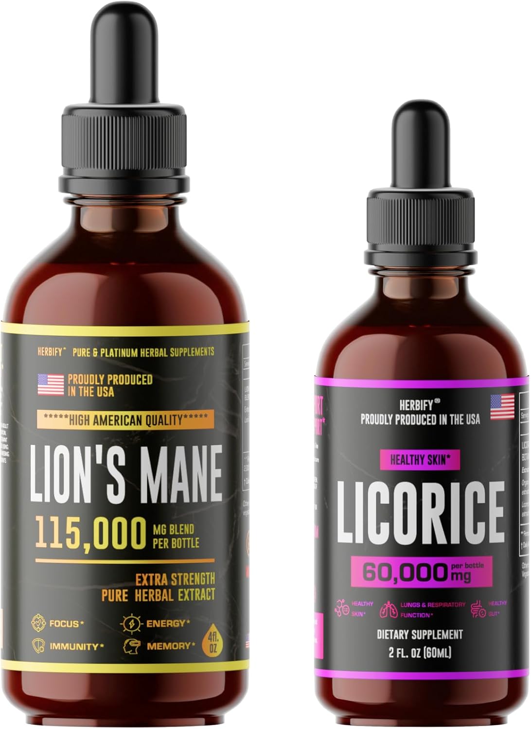 Lions Mane Drops & Licorice Root Extract Bundle for Brain Boost and Nervous Stomach Support by HERBIFY