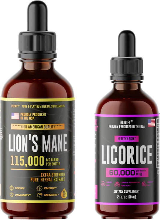Lions Mane Drops & Licorice Root Extract Bundle for Brain Boost and Nervous Stomach Support by HERBIFY