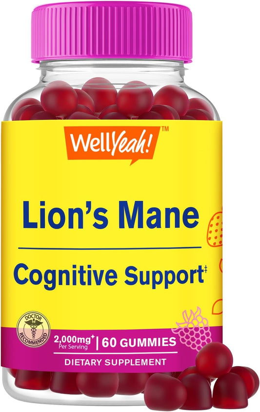 Lion's Mane Gummies 2000mg for Memory & Focus | Gluten Free, Non GMO | Berry Flavor | Lions Mane Supplement 60 Count