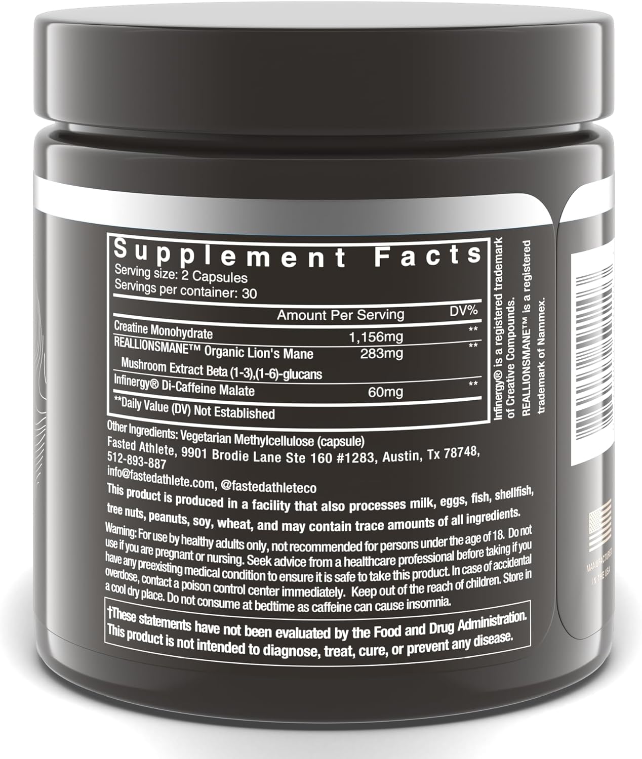 Lions Mane Mushroom and Creatine Nootropic Supplement for Athletes - Memory Boost, Focus, Brain Fog Elimination - 60 Capsules