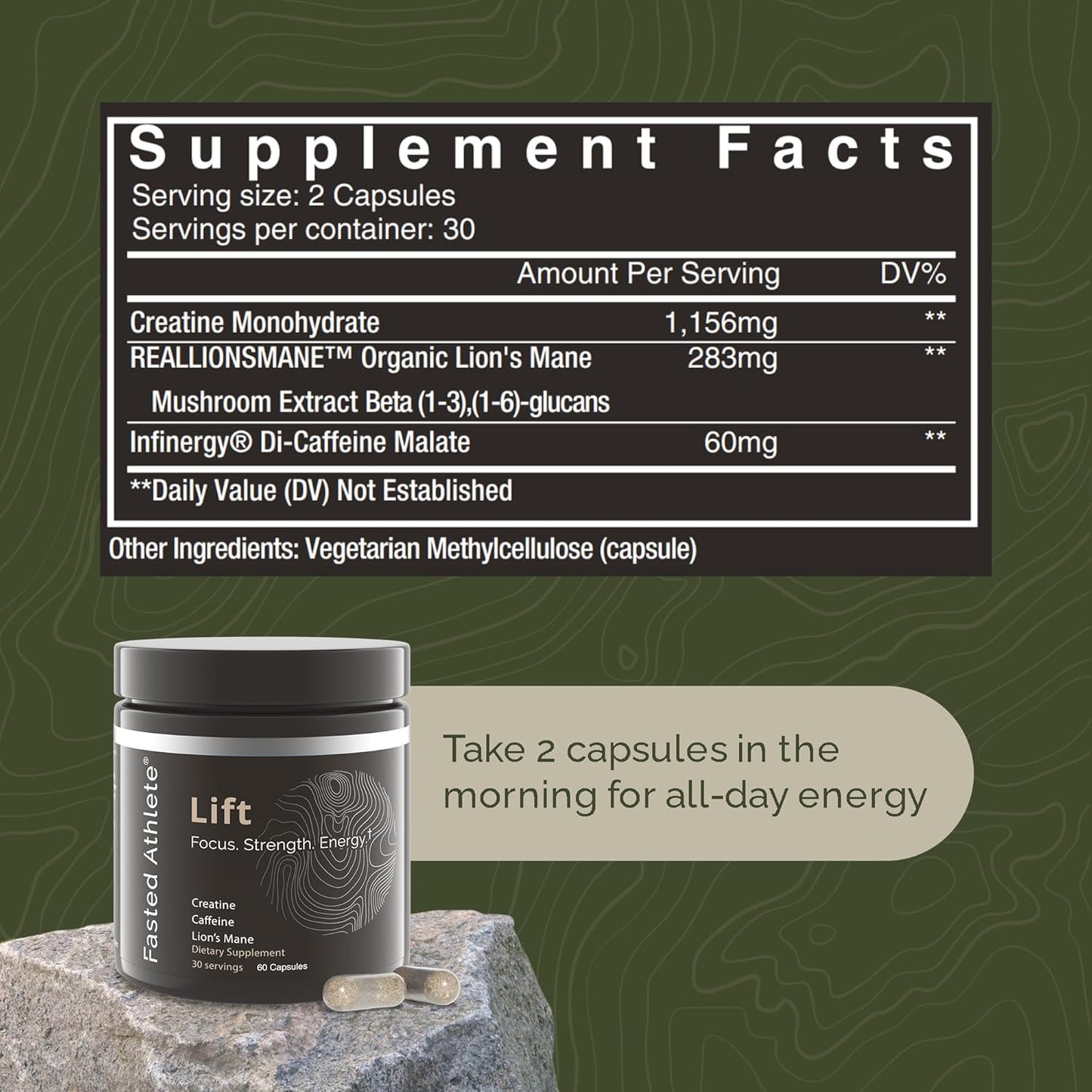 Lions Mane Mushroom and Creatine Nootropic Supplement for Athletes - Memory Boost, Focus, Brain Fog Elimination - 60 Capsules