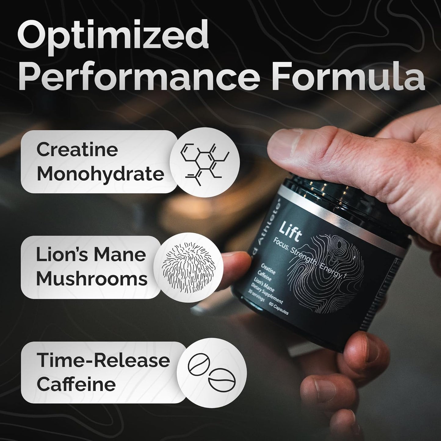 Lions Mane Mushroom and Creatine Nootropic Supplement for Athletes - Memory Boost, Focus, Brain Fog Elimination - 60 Capsules