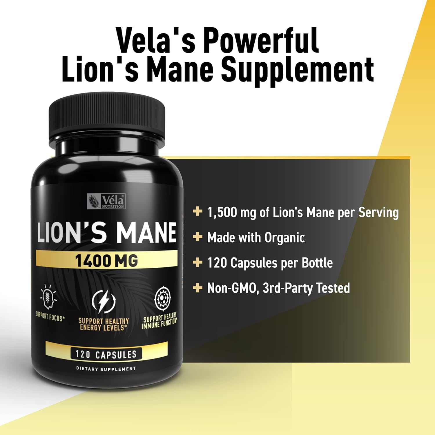Lion's Mane Mushroom Capsules 1500mg - Focus, Energy, Immune Support - 120 Count - Non-GMO, Third-Party Tested