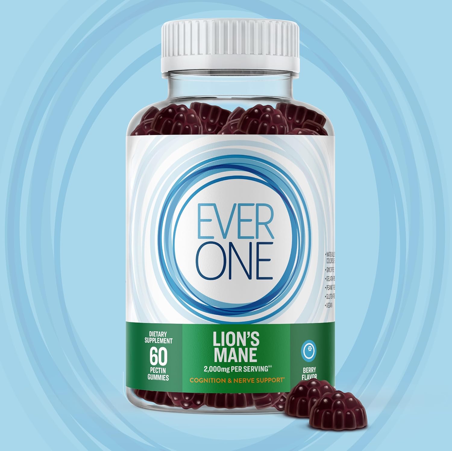 Lions Mane Mushroom Gummies for Adults - Cognitive and Nerve Support Supplement - Vegan, Gelatin Free, Gluten Free - Berry Flavored Gummies