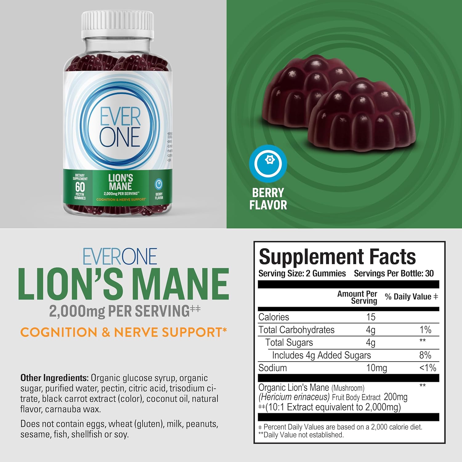 Lions Mane Mushroom Gummies for Adults - Cognitive and Nerve Support Supplement - Vegan, Gelatin Free, Gluten Free - Berry Flavored Gummies