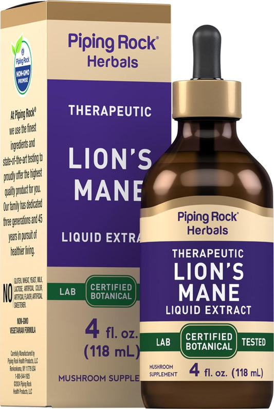 Lions Mane Mushroom Liquid Extract - 4 Fl Oz | Alcohol-Free, Vegetarian | Non-GMO, Gluten-Free Tincture by Piping Rock