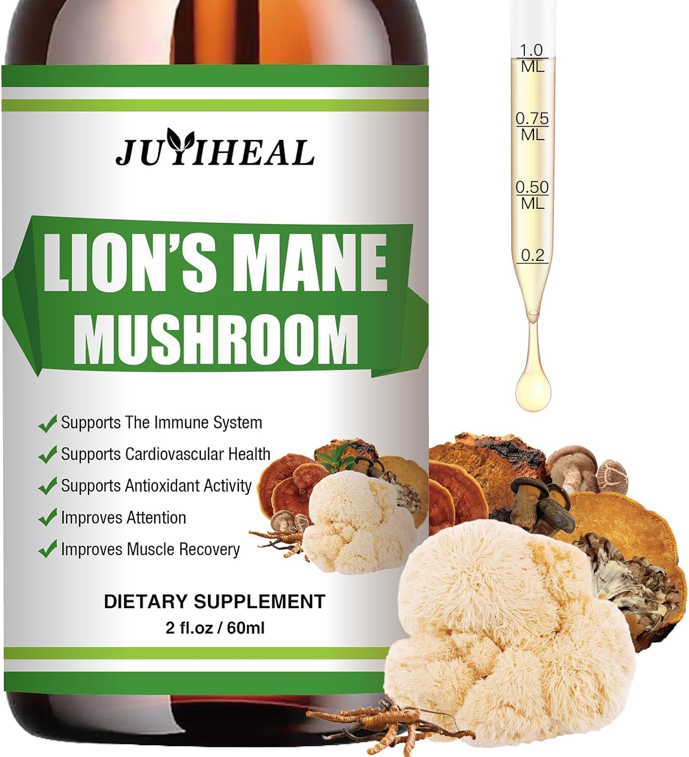 Lions Mane Mushroom Liquid Supplement for Mental Focus & Immune Support - 8 Mushroom Complex Tincture - 2 Fl oz Vegan Formula by JUYIHEAL