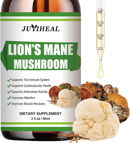 Lions Mane Mushroom Liquid Supplement for Mental Focus & Immune Support - 8 Mushroom Complex Tincture - 2 Fl oz Vegan Formula by JUYIHEAL