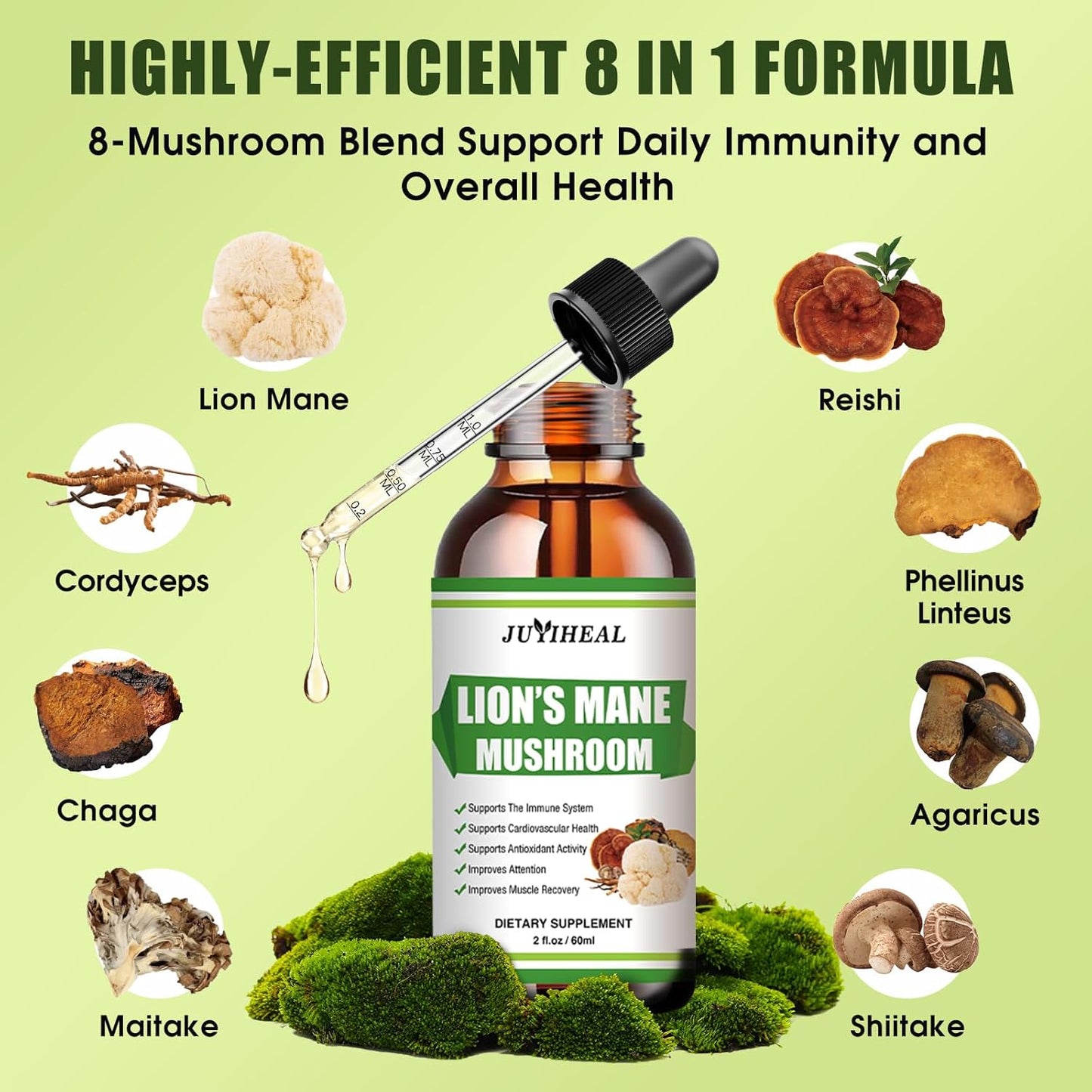 Lions Mane Mushroom Liquid Supplement for Mental Focus & Immune Support - 8 Mushroom Complex Tincture - 2 Fl oz Vegan Formula by JUYIHEAL