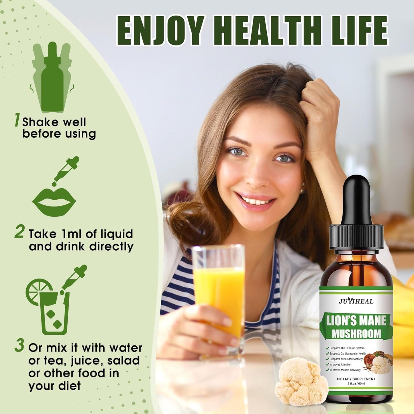Lions Mane Mushroom Liquid Supplement for Mental Focus & Immune Support - 8 Mushroom Complex Tincture - 2 Fl oz Vegan Formula by JUYIHEAL