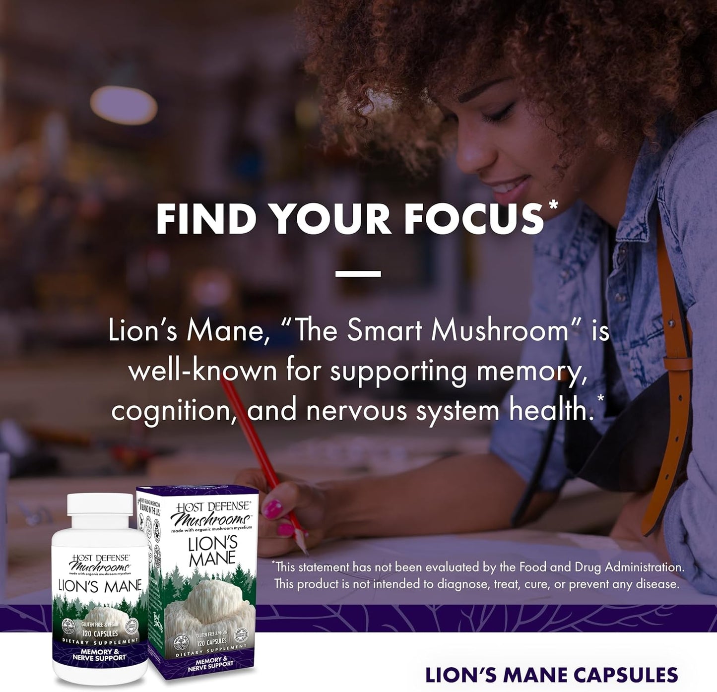 Lion's Mane Mushroom Supplement for Brain Health and Immune Support - 120 Capsules